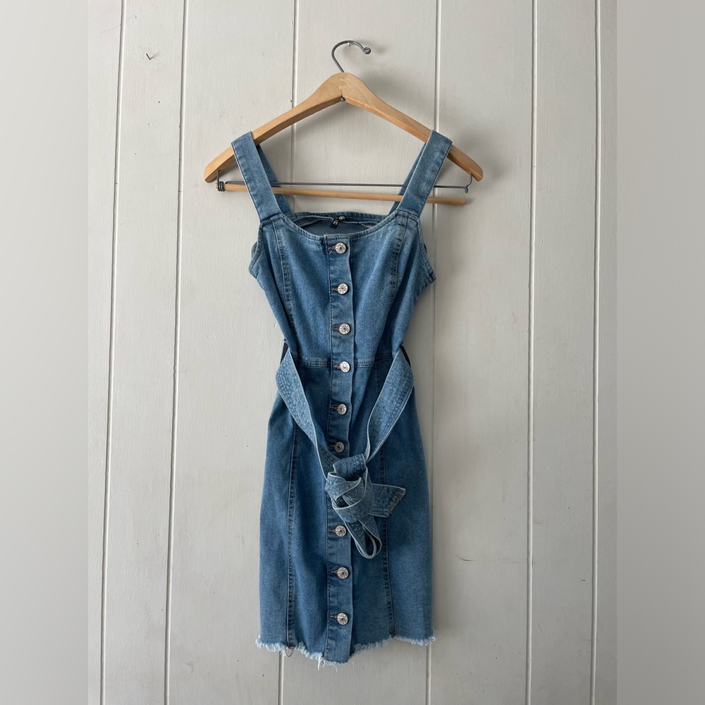 Peace Love Eco By Rewash Denim Sleeveless Belted Mini Dress Size XS